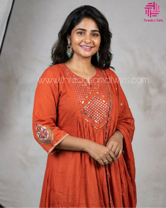 Orange Mirror Work Embroidered Salwar Suit with Flared Kurta | Threads & Twirls