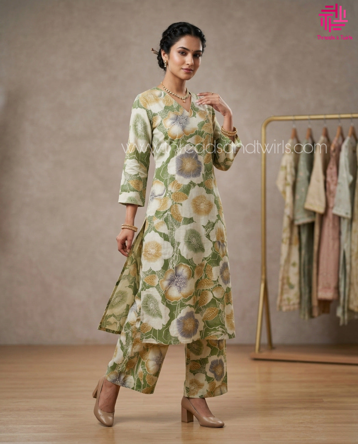 Women's Floral Cotton Co-ord Set with V-Neck & Pocket | Breathable Daily Wear