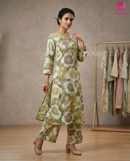 Women's Floral Cotton Co-ord Set with V-Neck & Pocket | Breathable Daily Wear