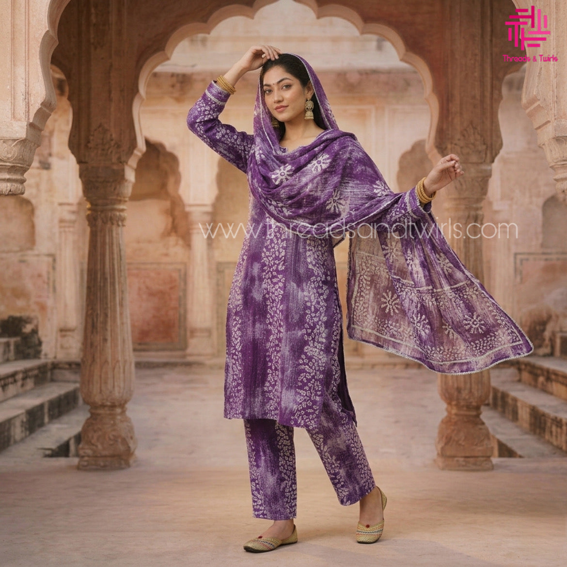 Purple Bandhani Print Kurtha Set with Dupatta & Pant – Traditional Elegance with Contemporary Comfort