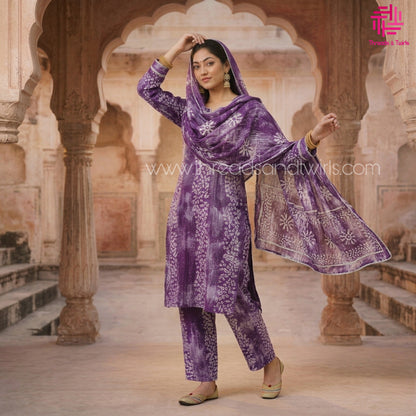 Purple Bandhani Print Kurtha Set with Dupatta & Pant – Traditional Elegance with Contemporary Comfort