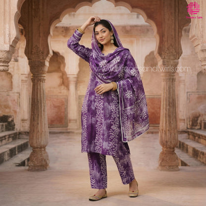 Purple Bandhani Print Kurtha Set with Dupatta & Pant – Traditional Elegance with Contemporary Comfort