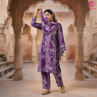 Purple Bandhani Print Kurtha Set with Dupatta & Pant – Traditional Elegance with Contemporary Comfort