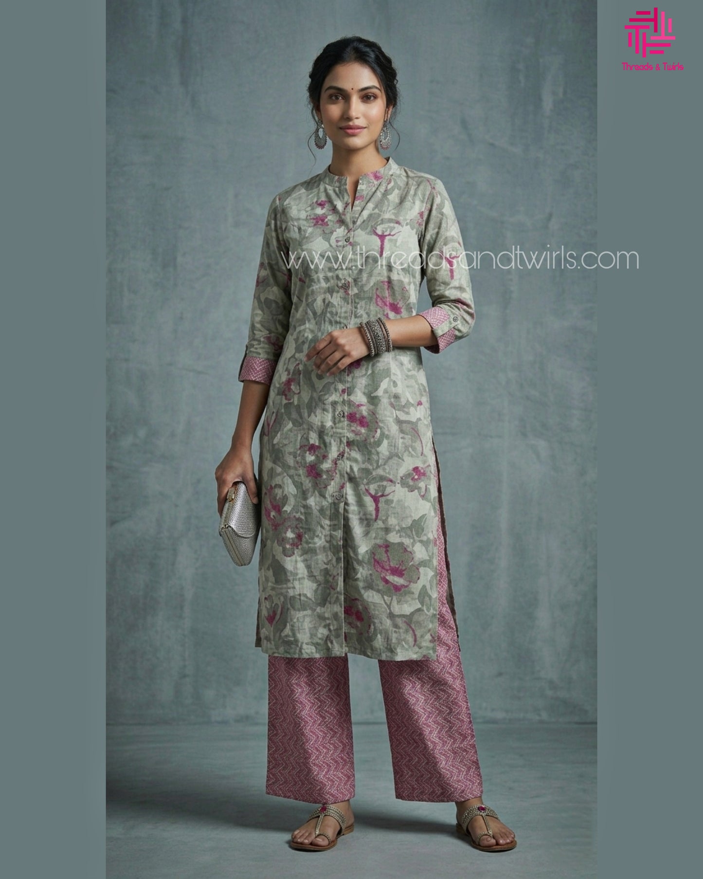 Grey Floral Printed Coord Set – Soft Cotton Casual Wear for Women