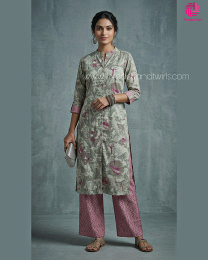 Grey Floral Printed Coord Set – Soft Cotton Casual Wear for Women