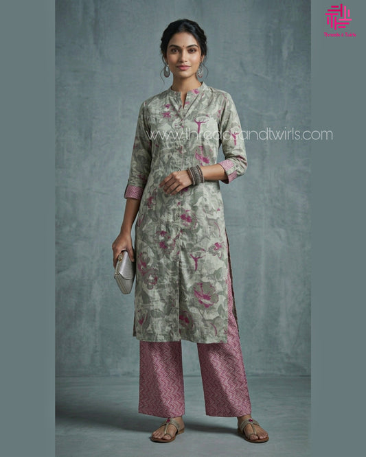 Grey Floral Printed Coord Set – Soft Cotton Casual Wear for Women