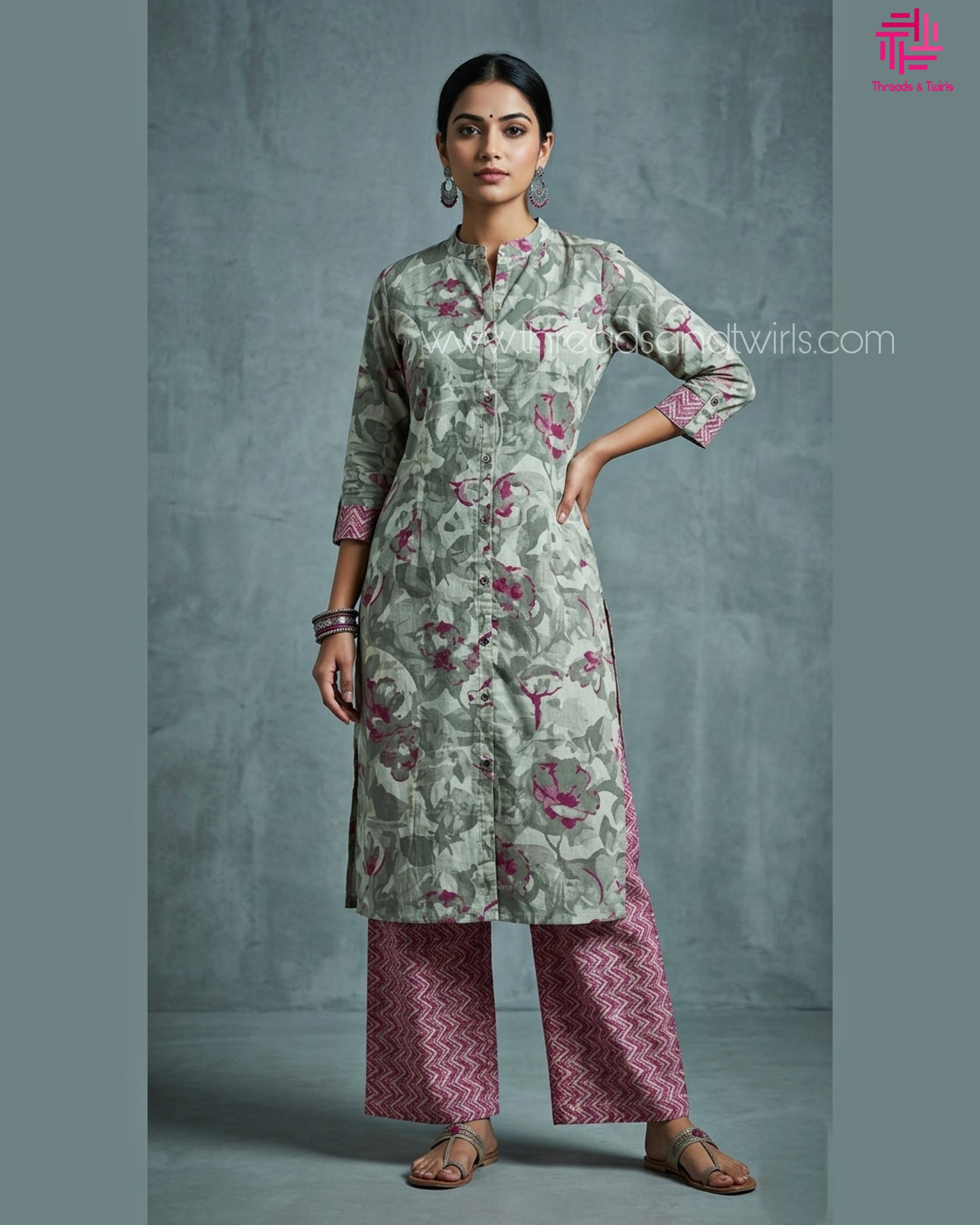 Grey Floral Printed Coord Set – Soft Cotton Casual Wear for Women