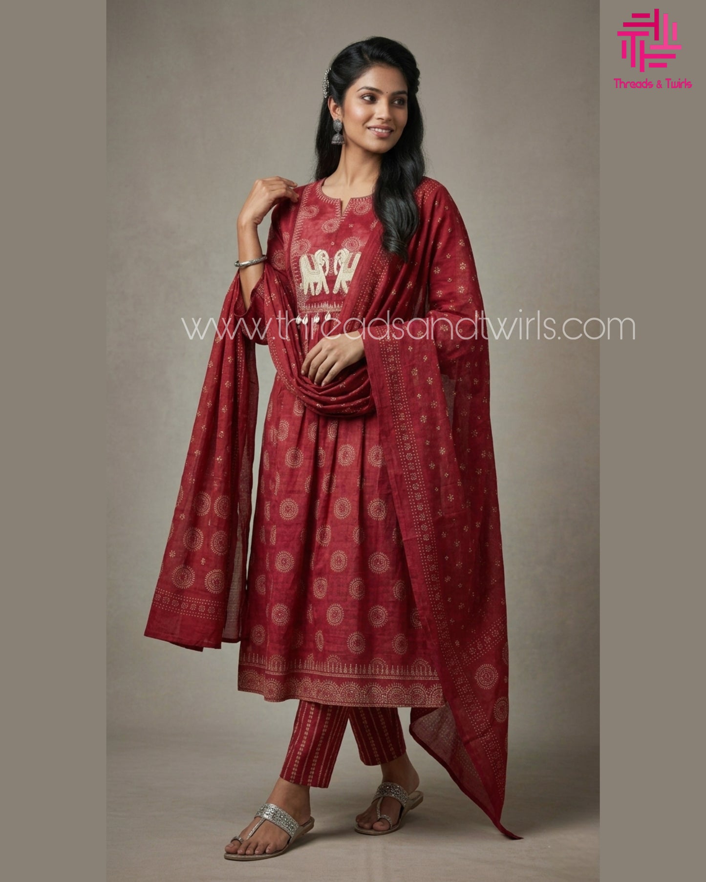 Pink Cotton Printed Suit Set with Elephant Embroidery | Pant & Dupatta Included