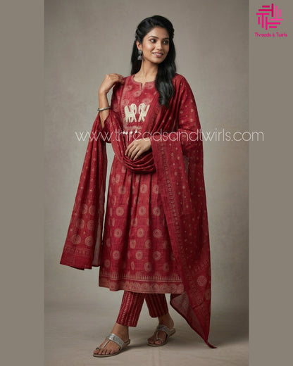 Pink Cotton Printed Suit Set with Elephant Embroidery | Pant & Dupatta Included