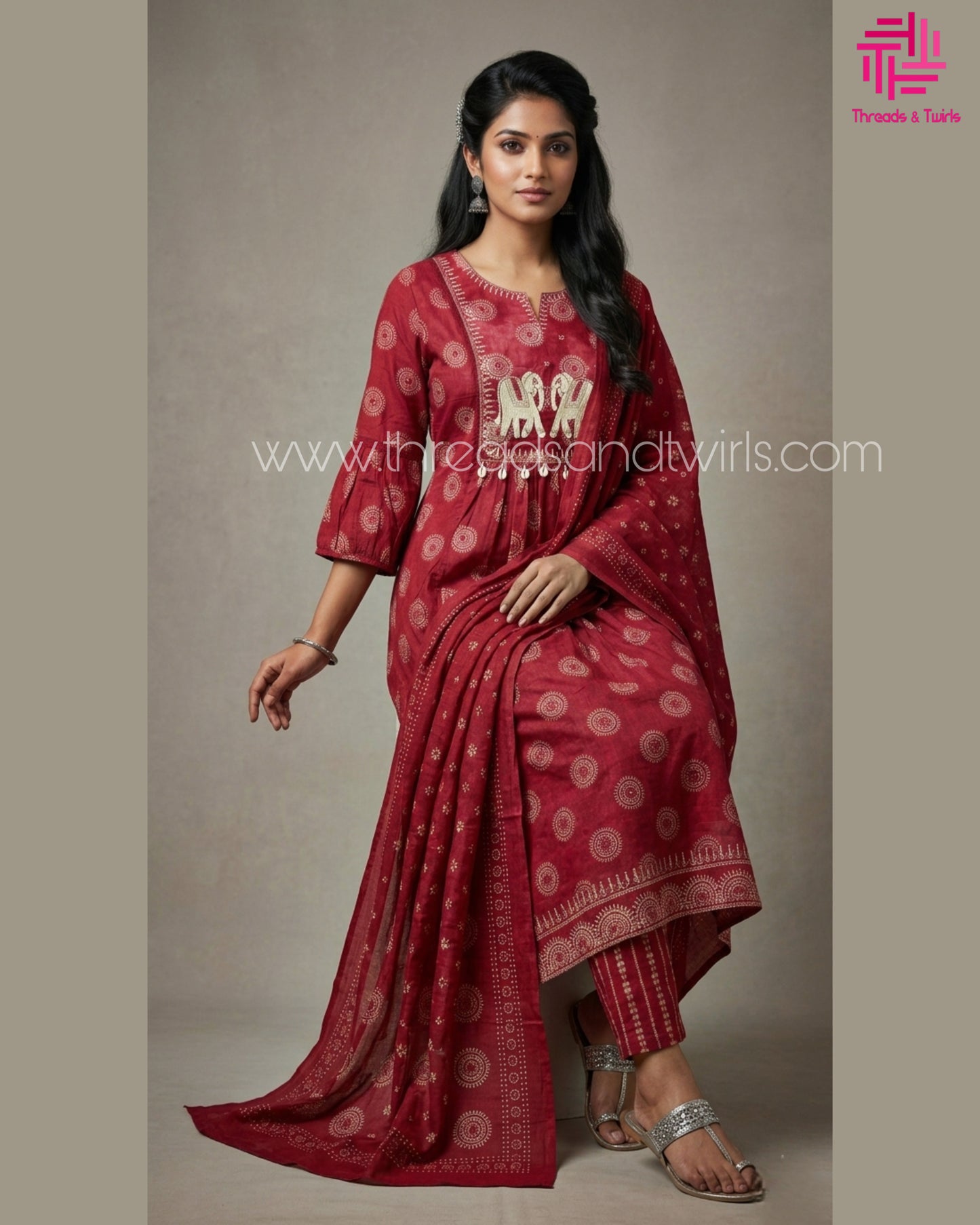 Pink Cotton Printed Suit Set with Elephant Embroidery | Pant & Dupatta Included