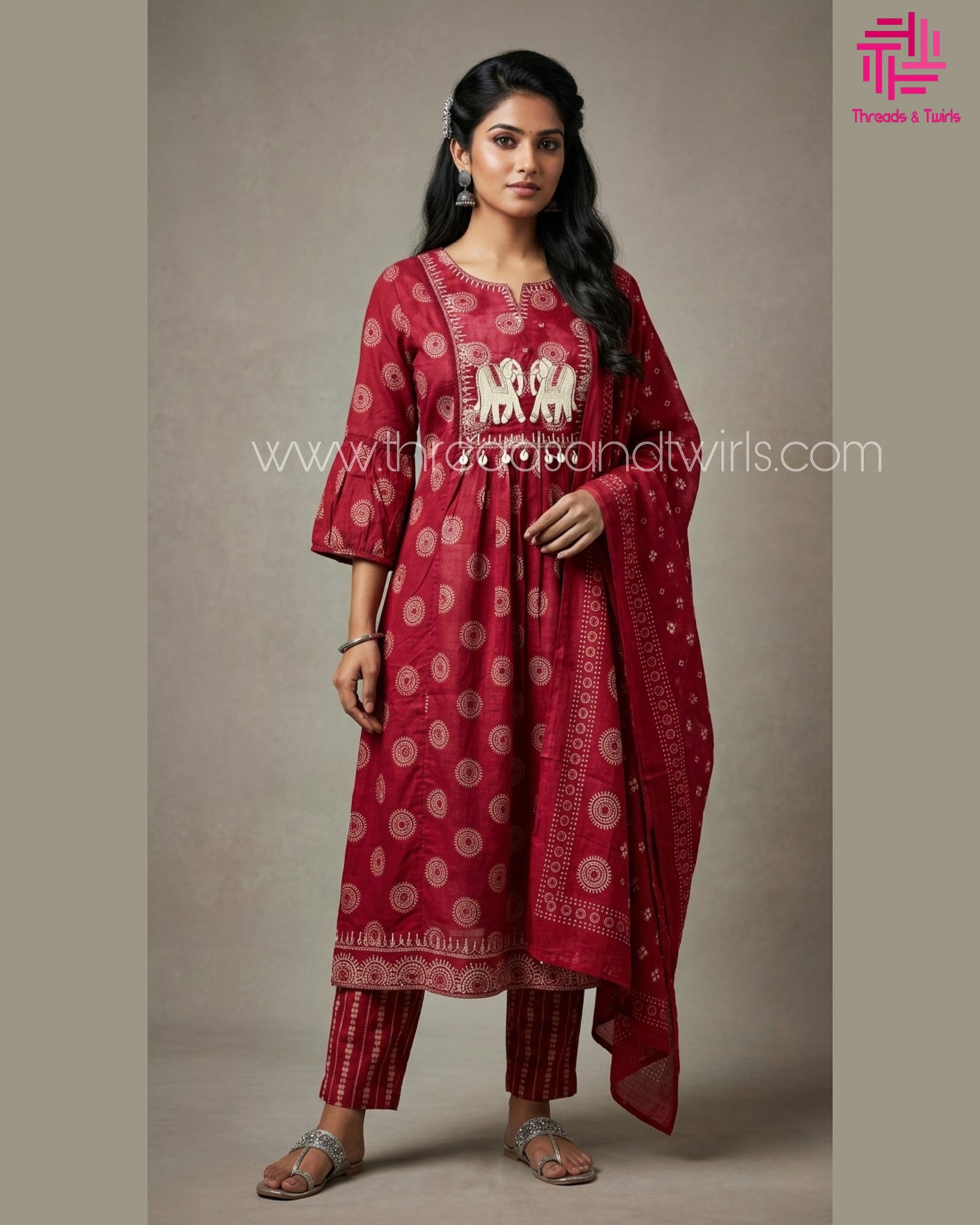 Pink Cotton Printed Suit Set with Elephant Embroidery | Pant & Dupatta Included