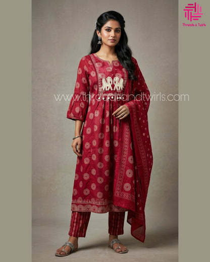Pink Cotton Printed Suit Set with Elephant Embroidery | Pant & Dupatta Included