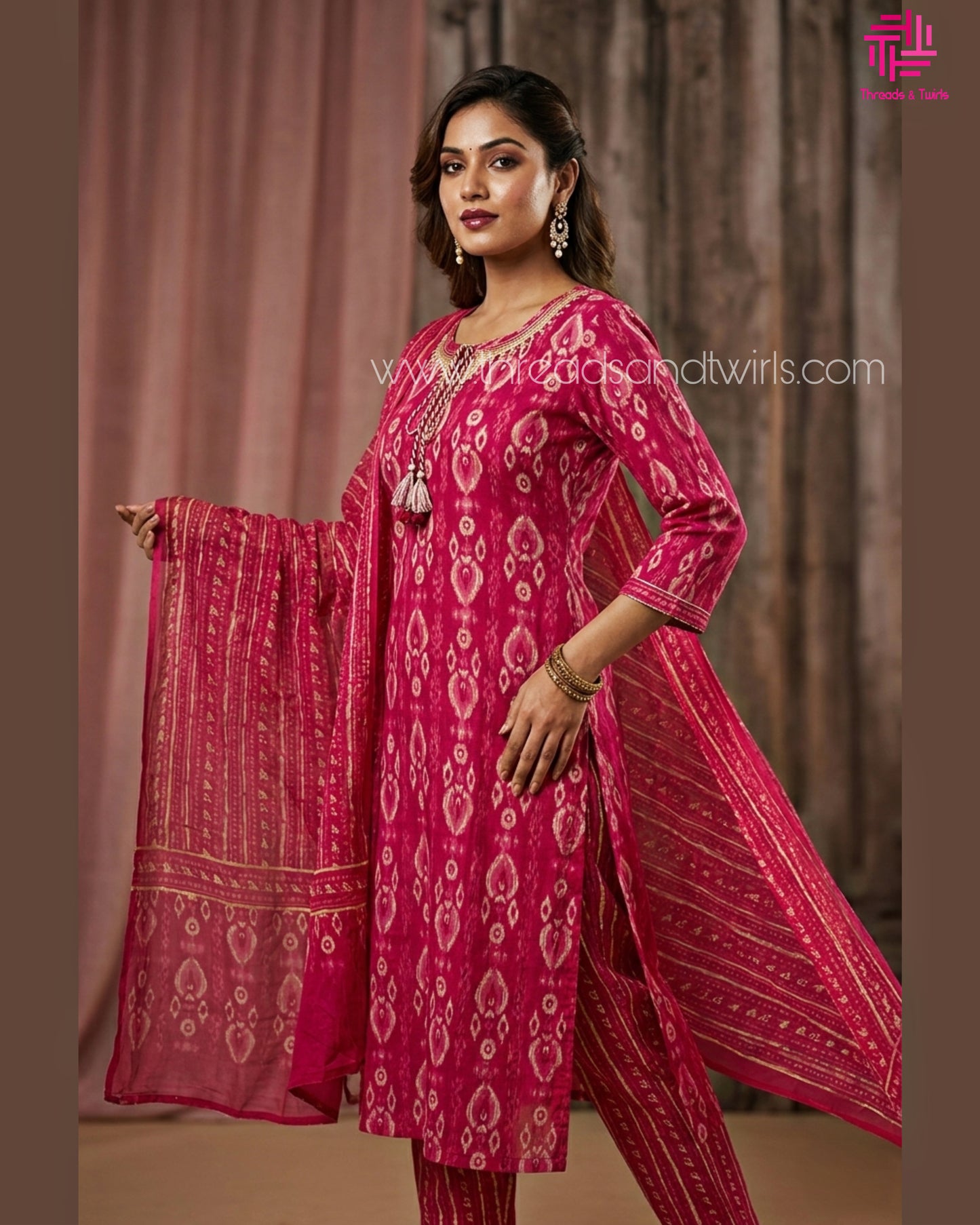 Pink Ikat Print Kurta Pant Set – Festive Cotton Ethnic Wear with Dupatta