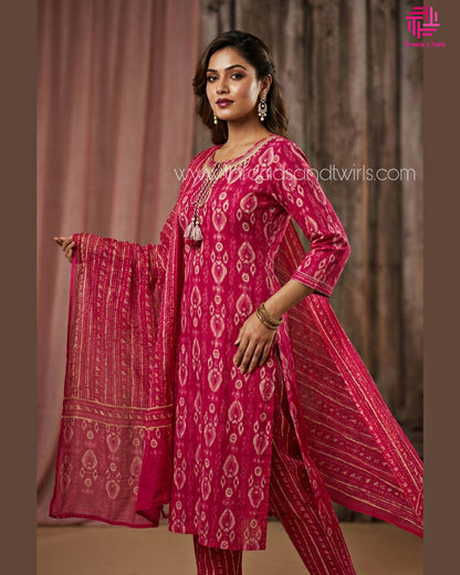 Pink Ikat Print Kurta Pant Set – Festive Cotton Ethnic Wear with Dupatta