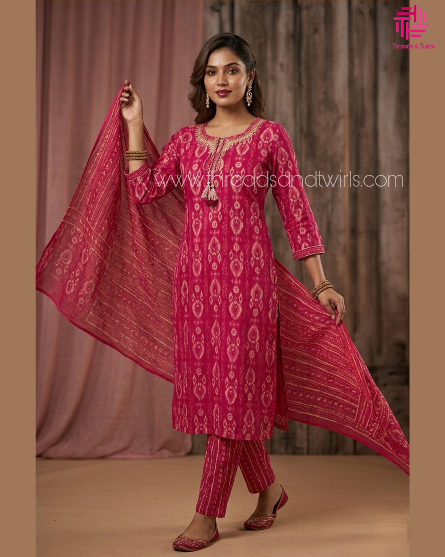 Pink Ikat Print Kurta Pant Set – Festive Cotton Ethnic Wear with Dupatta