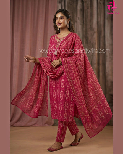 Pink Ikat Print Kurta Pant Set – Festive Cotton Ethnic Wear with Dupatta