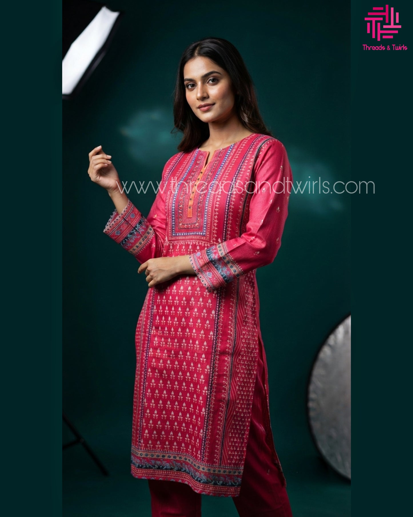 Pink Printed Rayon Kurtha Set with Pant & Dupatta | Threads & Twirls