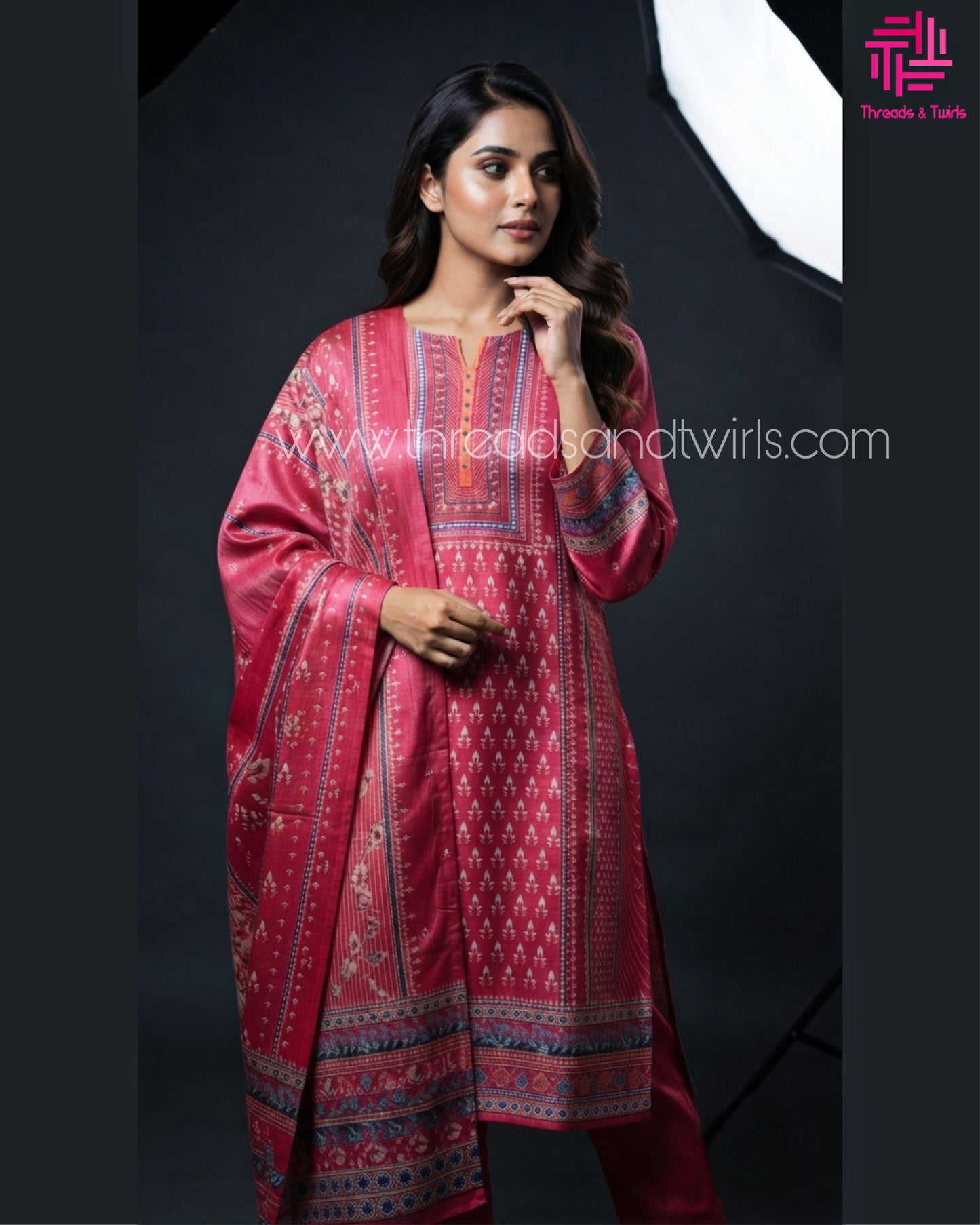 Pink Printed Rayon Kurtha Set with Pant & Dupatta | Threads & Twirls
