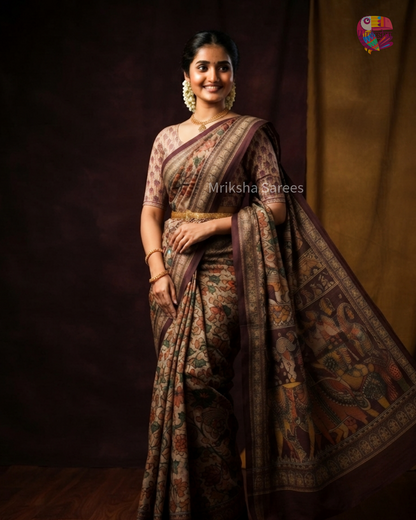 Beige & Brown Premium Tissue Kalamkari Printed Saree with Floral Border & Printed Blouse | Mriksha Sarees