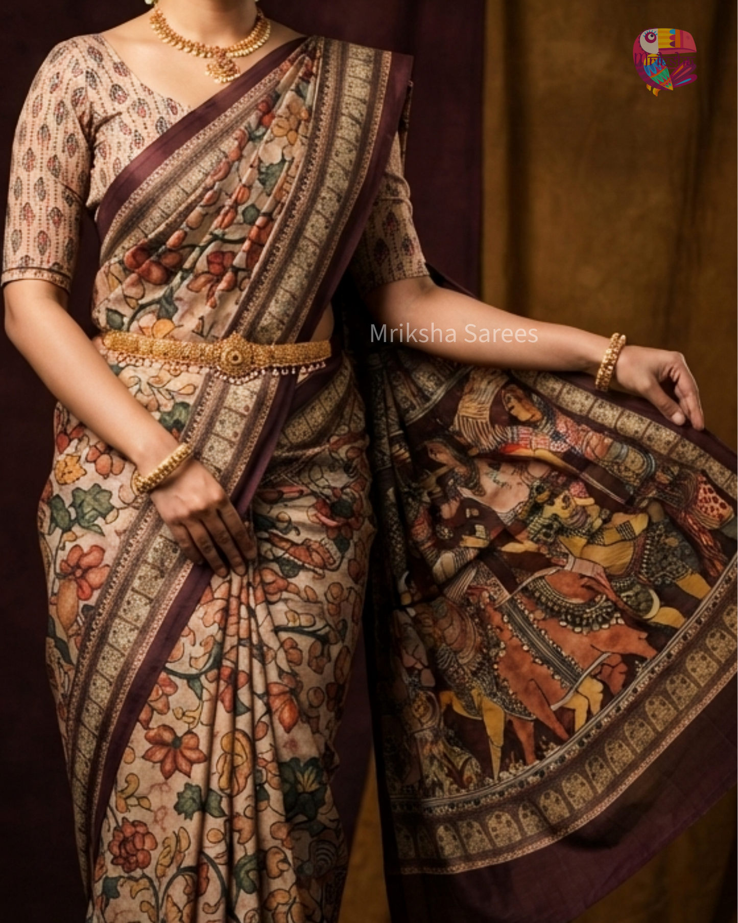 Beige & Brown Premium Tissue Kalamkari Printed Saree with Floral Border & Printed Blouse | Mriksha Sarees