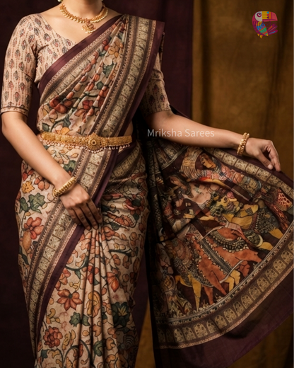 Beige & Brown Premium Tissue Kalamkari Printed Saree with Floral Border & Printed Blouse | Mriksha Sarees