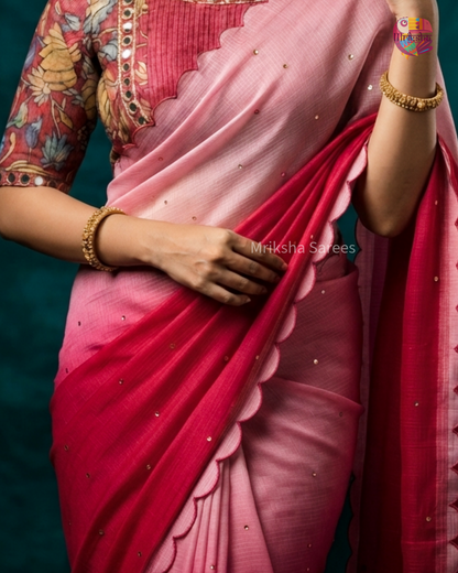 Kota Doria Ombre Saree with Mirror Work & Floral Printed Blouse – Mriksha Sarees