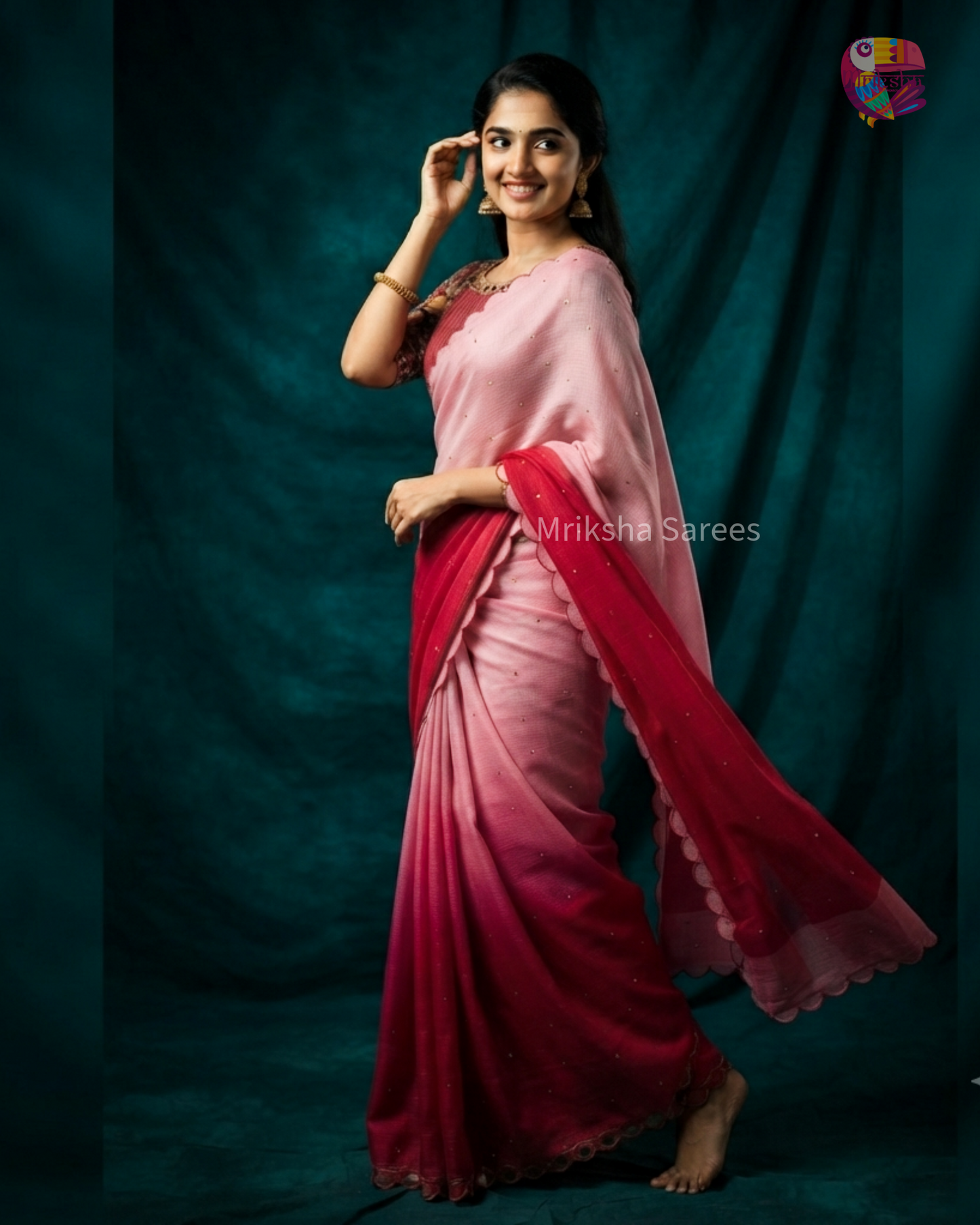 Kota Doria Ombre Saree with Mirror Work & Floral Printed Blouse – Mriksha Sarees