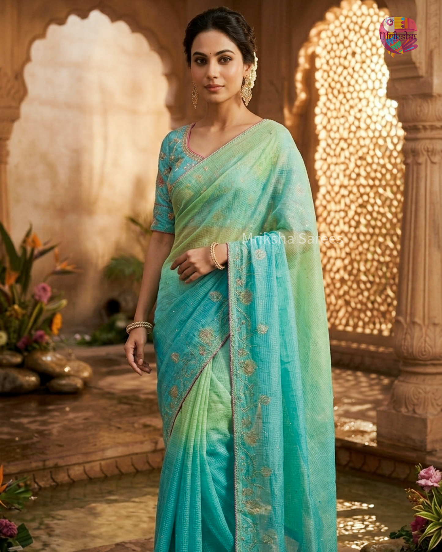 Kota Doria Ombre Saree with Mirror Work & Floral Printed Blouse – Mriksha Sarees