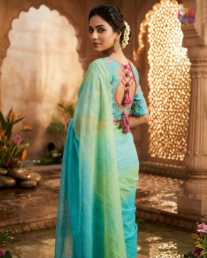 Kota Doria Ombre Saree with Mirror Work & Floral Printed Blouse – Mriksha Sarees