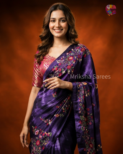 Tie & Dye Mashru Silk Saree with Handwoven Embroidery & Contrast Brocade Blouse | Purple & Black | Mriksha Sarees