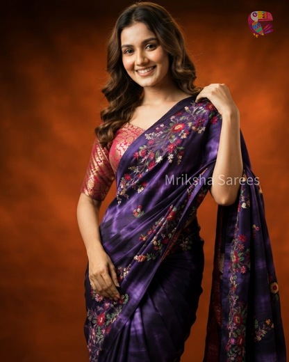 Tie & Dye Mashru Silk Saree with Handwoven Embroidery & Contrast Brocade Blouse | Purple & Black | Mriksha Sarees
