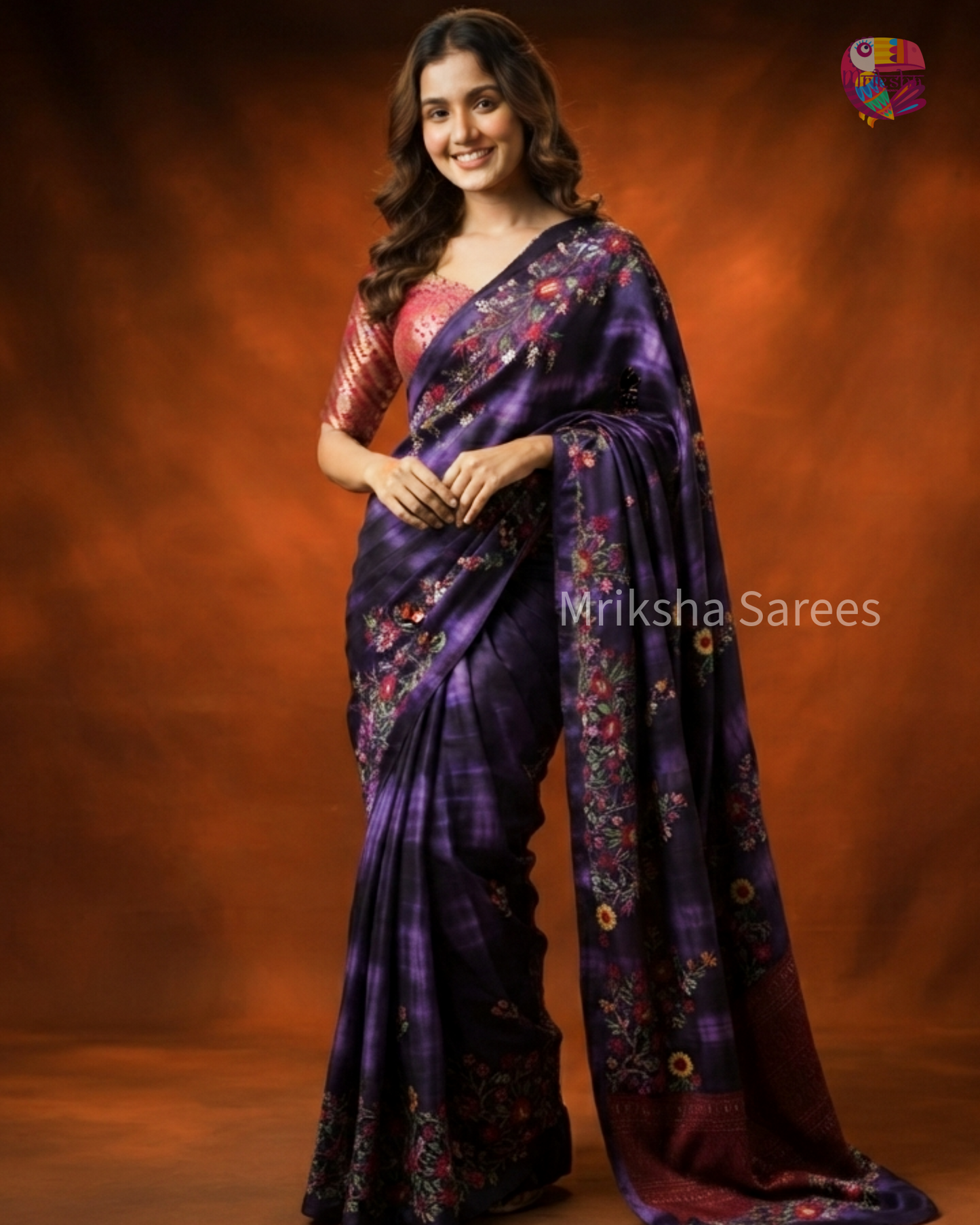 Tie & Dye Mashru Silk Saree with Handwoven Embroidery & Contrast Brocade Blouse | Purple & Black | Mriksha Sarees