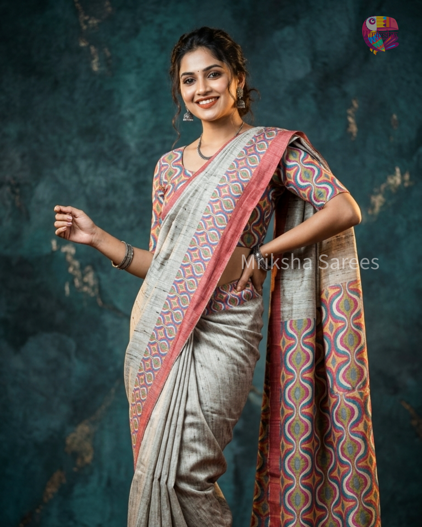 Beige Ghicha Silk Saree with Pink Curve Design Pallu & Blouse | Mriksha Sarees