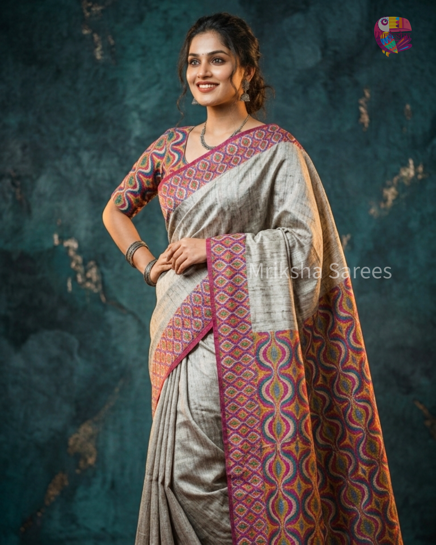 Beige Ghicha Silk Saree with Pink Curve Design Pallu & Blouse | Mriksha Sarees