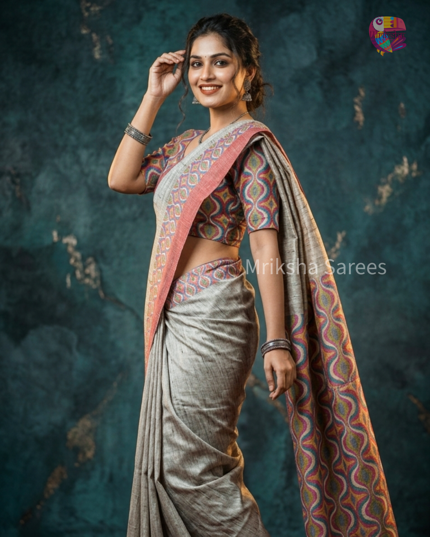 Beige Ghicha Silk Saree with Pink Curve Design Pallu & Blouse | Mriksha Sarees