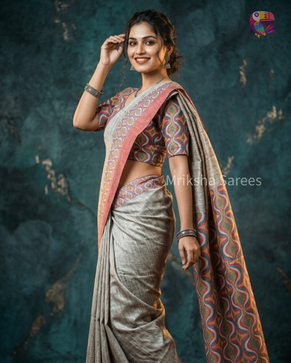 Beige Ghicha Silk Saree with Pink Curve Design Pallu & Blouse | Mriksha Sarees