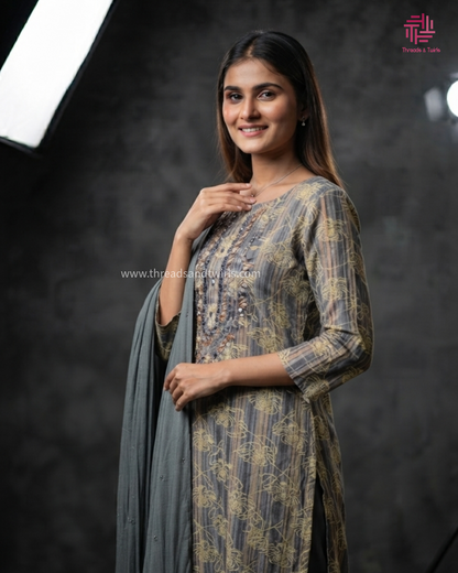 Elegant Grey & Gold Embroidered Salwar Suit with Dupatta – Threads & Twirls