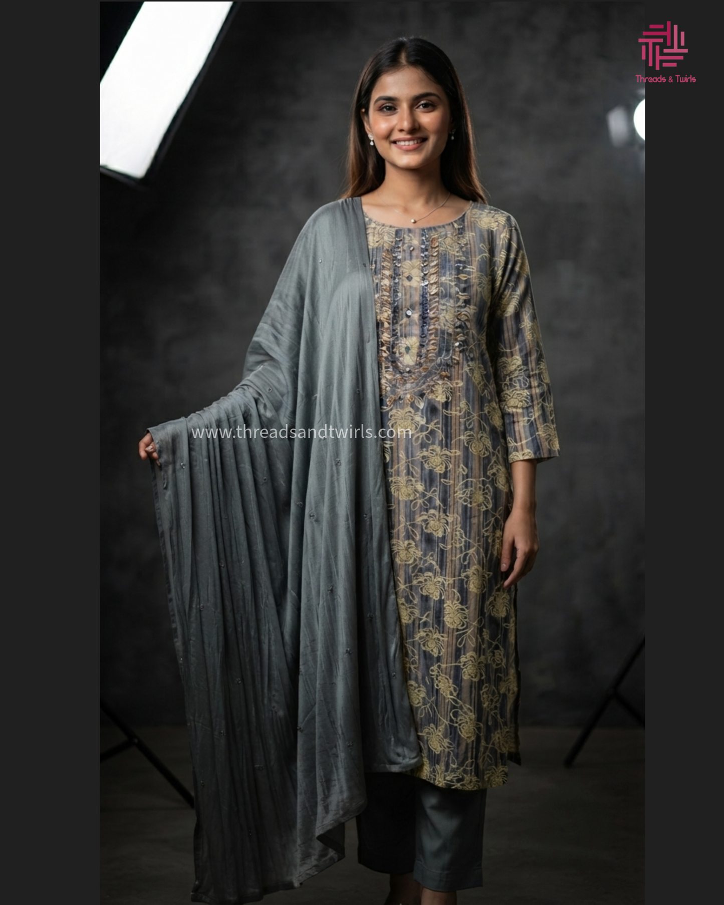 Elegant Grey & Gold Embroidered Salwar Suit with Dupatta – Threads & Twirls