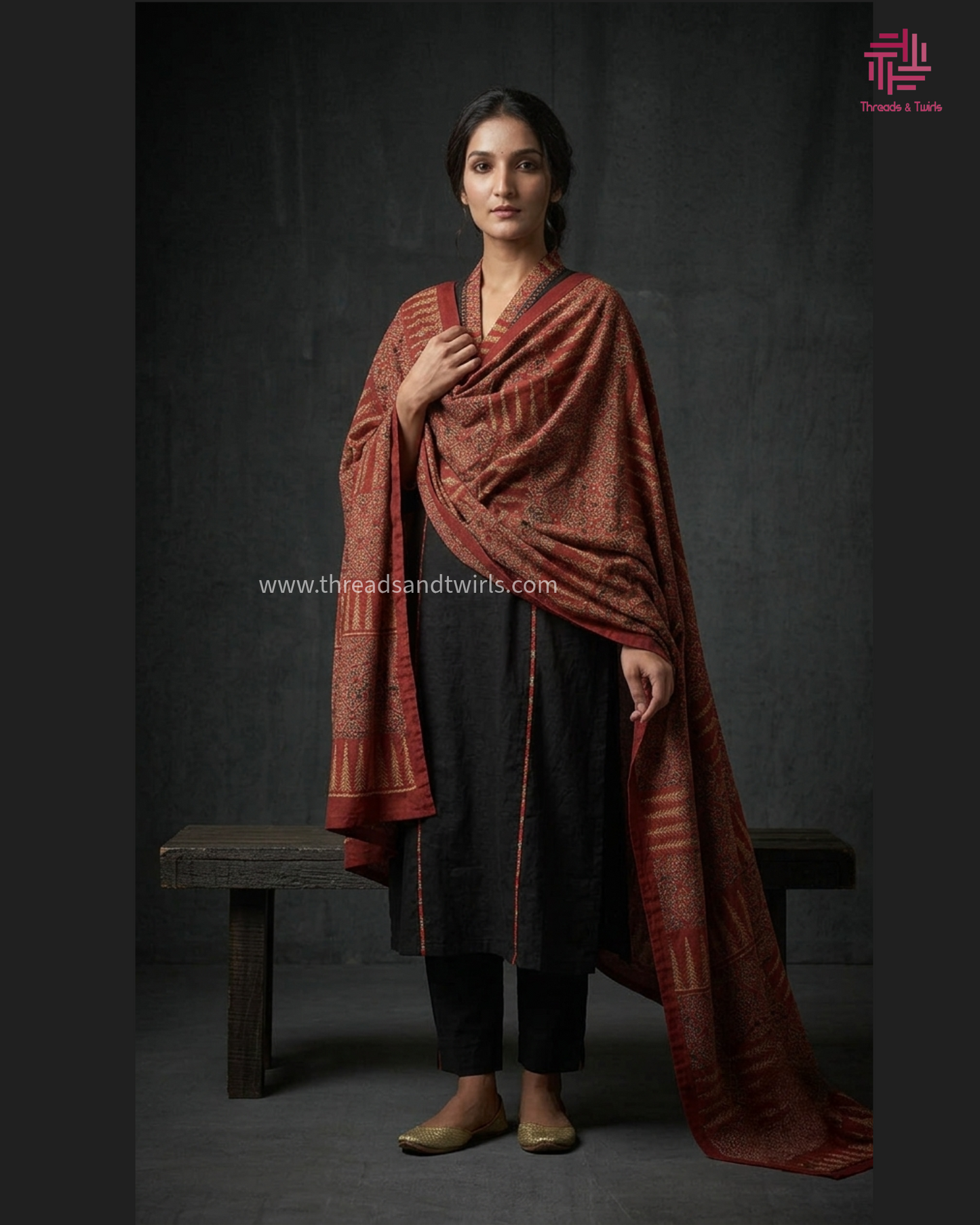 Black & Red Cotton Salwar Suit with Mirror Work – Threads & Twirls