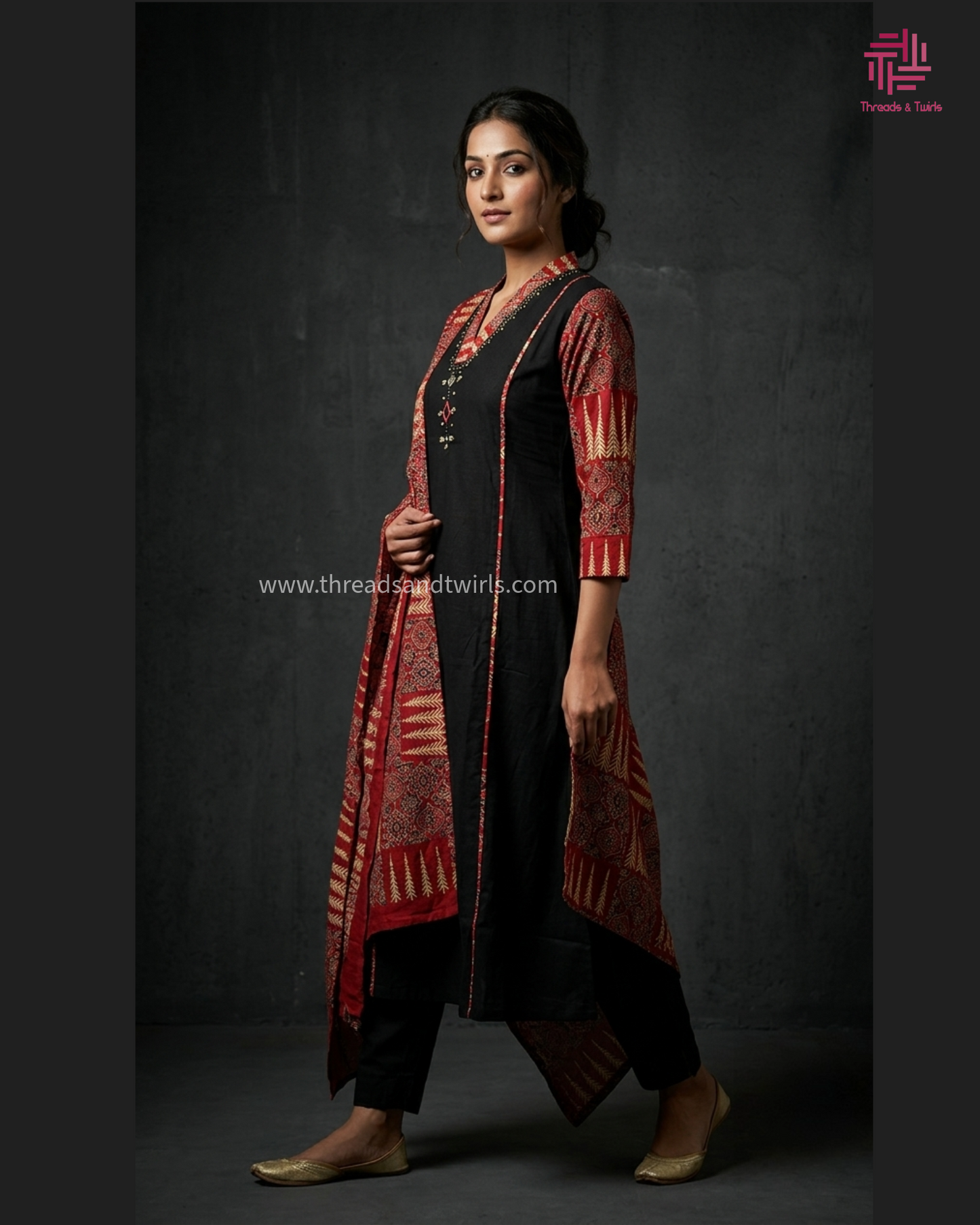 Black & Red Cotton Salwar Suit with Mirror Work – Threads & Twirls