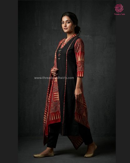 Black & Red Cotton Salwar Suit with Mirror Work – Threads & Twirls