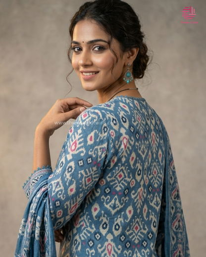 Blue Cotton Ikkat Kurta Set with Lace Detailing & Printed Dupatta | Threads & Twirls Exclusive