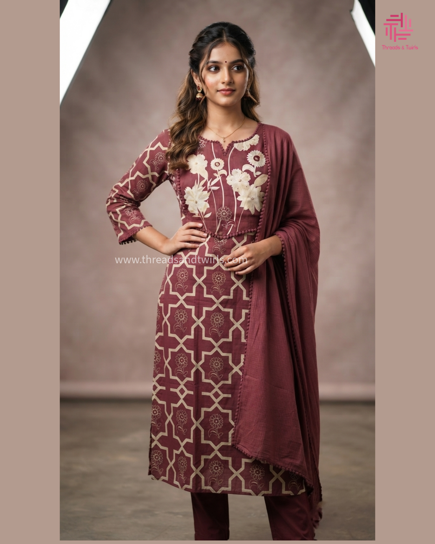Maroon Cotton Kurta Pant Set with Embroidered Floral Yoke & Dupatta | Everyday Elegance