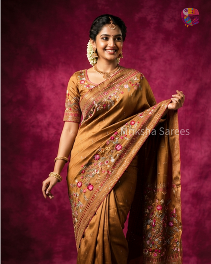 Mustard Brown Raw Silk Saree | Mriksha sarees