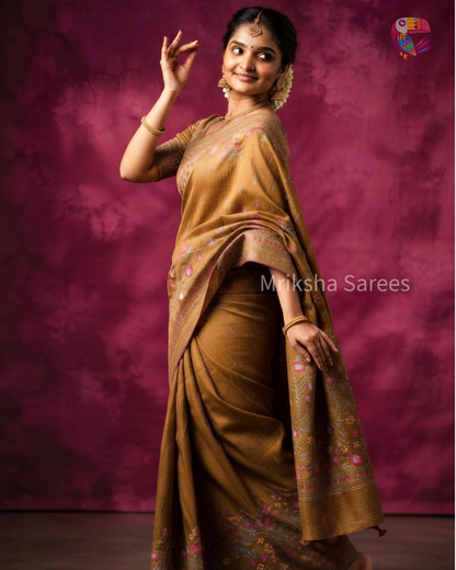 Mustard Brown Raw Silk Saree | Mriksha sarees