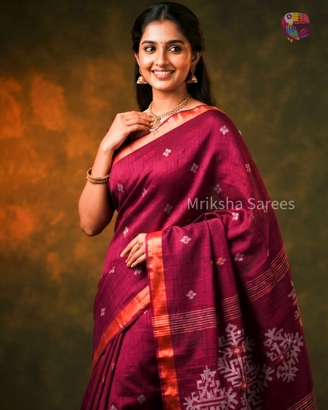 Pure Linen Jamdani Saree with Zari Pallu – Plum | Mriksha Sarees