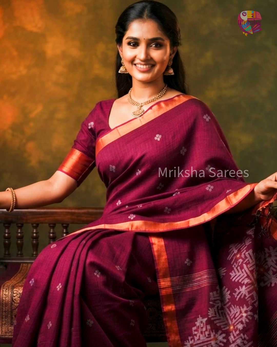 Pure Linen Jamdani Saree with Zari Pallu – Plum | Mriksha Sarees