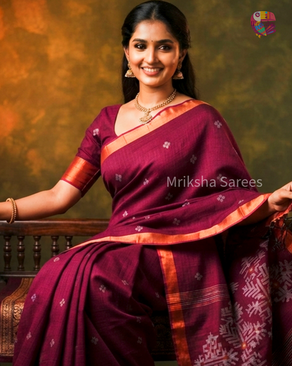 Pure Linen Jamdani Saree with Zari Pallu – Plum | Mriksha Sarees