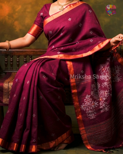 Pure Linen Jamdani Saree with Zari Pallu – Plum | Mriksha Sarees
