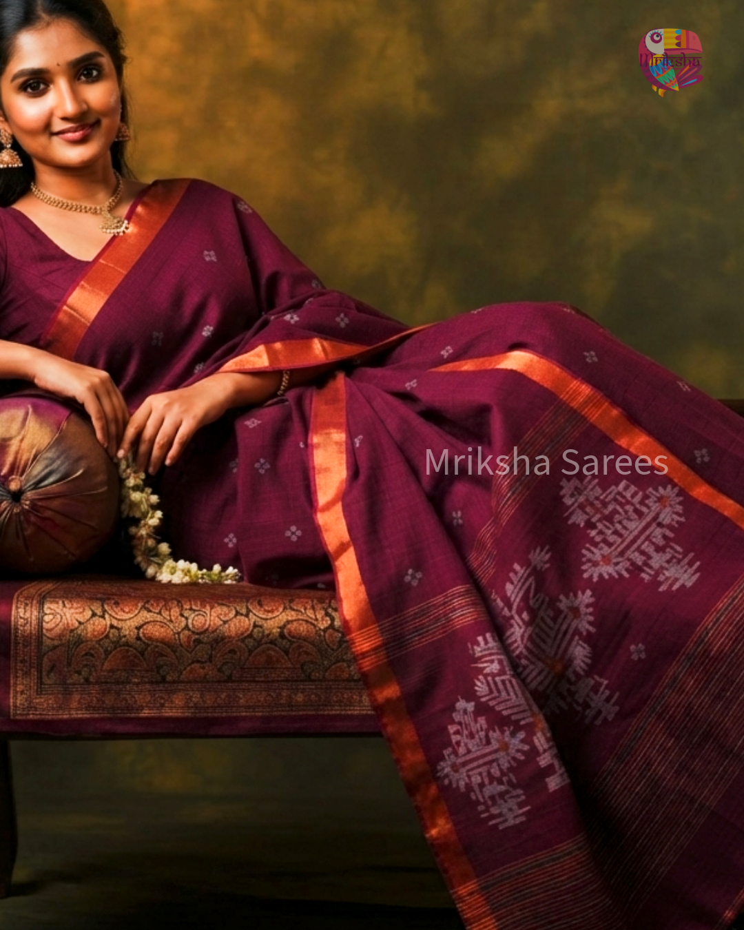 Pure Linen Jamdani Saree with Zari Pallu – Plum | Mriksha Sarees